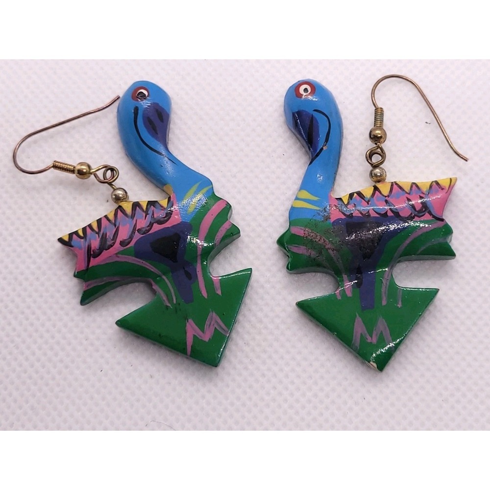 Vintage 1980s Hand Painted Wood Tropical Bird Dangle Earrings